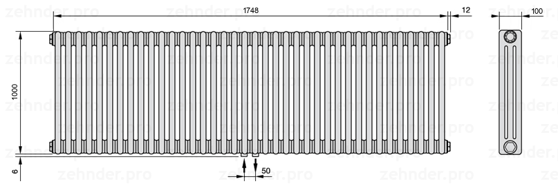 Схема (чертеж) Радиатор Zehnder Charleston 3100/38 №3470 Белый глянцевый RAL 9016